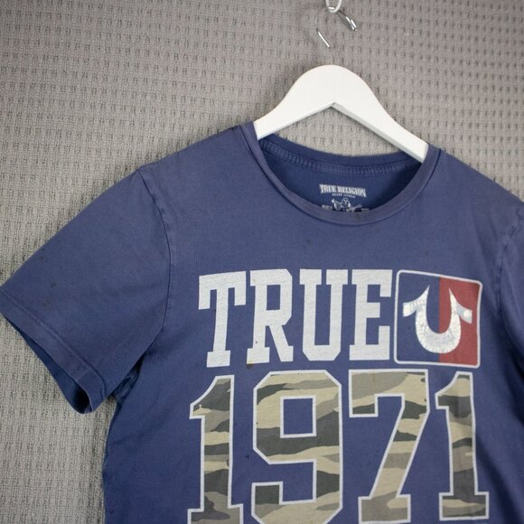 True Religion Thrashed Logo Tee Mens Small Blue - Picture 6 of 8